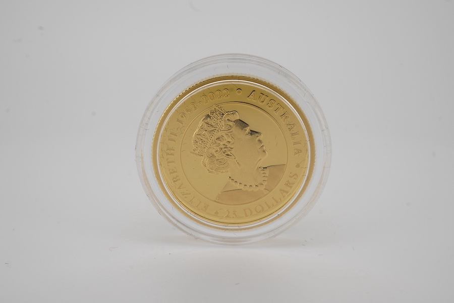 Australia gold coins, Perth mint, Elizabeth II, 2023 1/4oz gold ‘kangaroo’ proof $25, in case of issue with certificate, 318/500